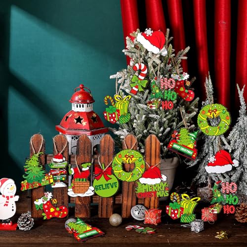 DoubleFill Classic 36 Pcs Wooden Christmas Ornaments - Lime Green & Red Tree Decorations