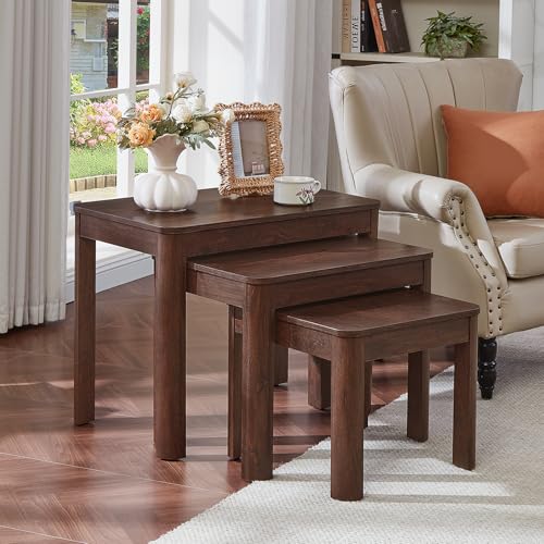 3-Piece Walnut Nesting Table Set, Rustic Farmhouse Side Tables