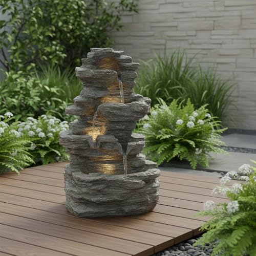 4-Tier Tabletop Rock Waterfall Fountain with LED Lights, Gray Polyresin