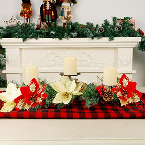 Christmas Poinsettia Candle Holder Centerpiece with 3 LED Candle Lights