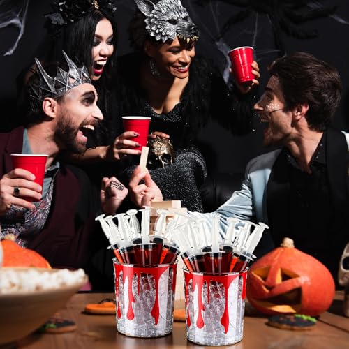 Halloween Shot Syringe Set with Bloody Buckets – 30 Plastic Drink Dispensers & Creepy Ice Buckets