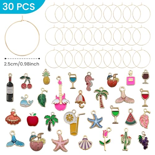 Beach Themed Wine Glass Charms Set of 30 - Drink Markers for Stem Glasses