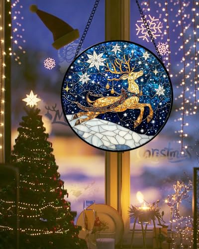 HWRHTR Blue and Gold Stained Glass Reindeer Window Hanging 7.8in Christmas Decor