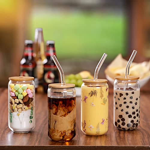 16 oz Glass Cups with Bamboo Lids and Straws - 4 Piece Iced Coffee Glass Set
