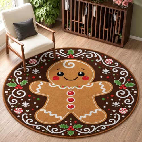 HOMETITUTE 4 ft Round Christmas Gingerbread Rug - Dark Brown, Non-Slip, Washable, 1-Piece Rug