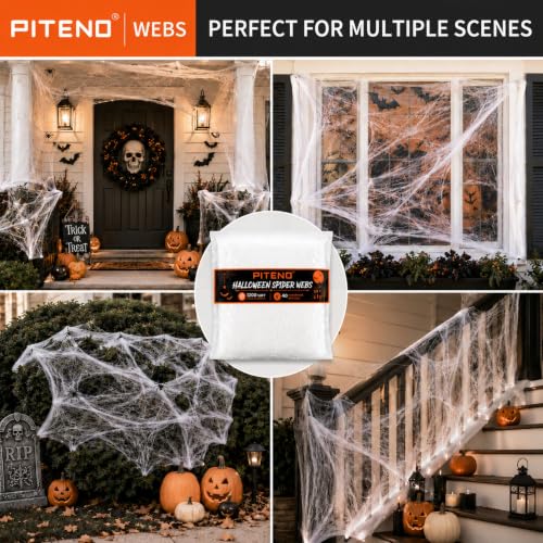 Piteno Stretchable Halloween Spider Webs with 40 Fake Spiders - 1200 Sq Ft White Cobwebs for Indoor and Outdoor Yard Decor