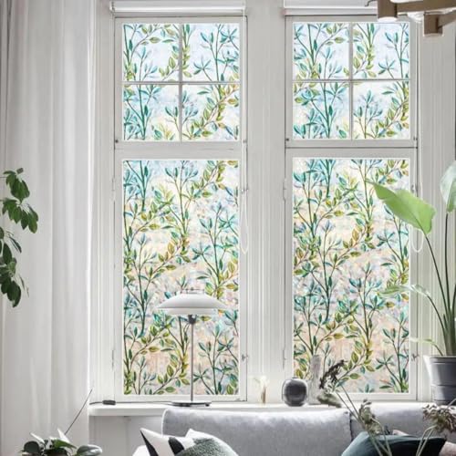 Leaf Pattern Privacy Film - 3D Rainbow Static Cling Window Covering, 17.5" x 78.7"