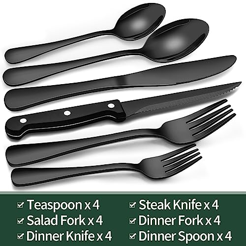 24-Piece Black Silverware Set with Steak Knives, Stainless Steel Cutlery for 4