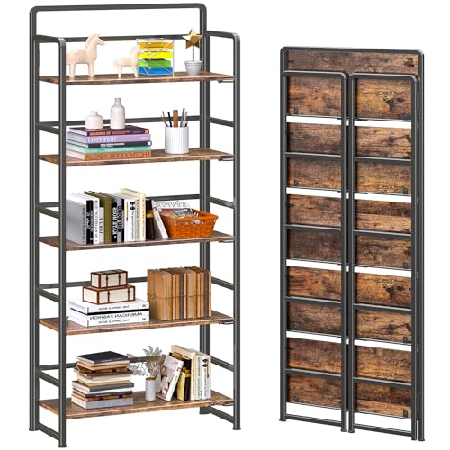 5-Tier Folding Bookshelf, Industrial Metal and Wood Storage Rack