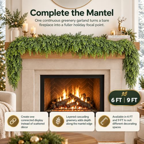EMPJJLZ 9FT Artificial Cedar Garland Green Faux Holiday Decor for Indoor Outdoor Fireplace Mantel