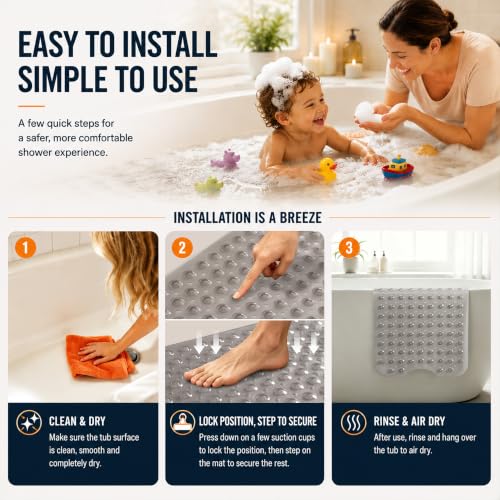 Extra Long Non-Slip Bathtub Mat 40 x 16 Inch with Suction Cups and Drain Holes