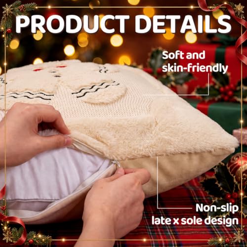 2 Pcs 18x18 Gingerbread Christmas Pillow Covers - 3D Embroidered Velvet - White (Pack of 2)