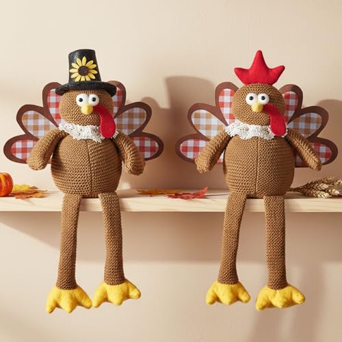 Plush Turkey Couple Decor Set with Dangling Legs - Fall Tabletop Centerpiece