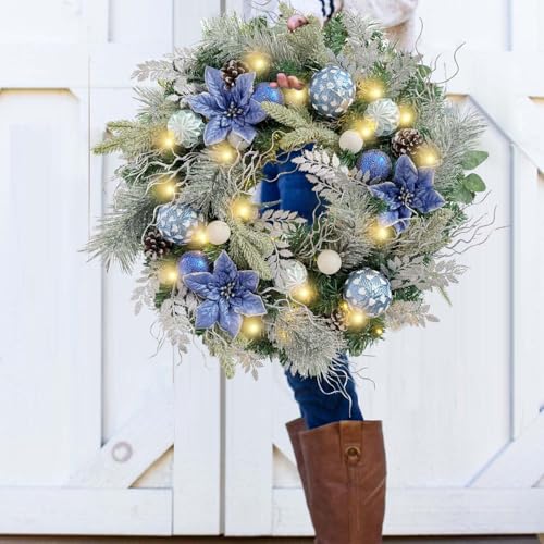 Wanna-CUL 24-Inch Pre-Lit Frozen Winter Christmas Wreath with Blue Poinsettia & Timer Lights - Silver Blue Variation