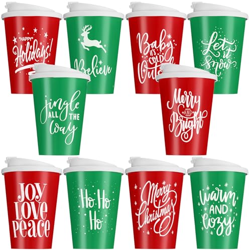 Christmas Reusable Cups with Lids 12oz - Set of 10, Red & Green, Holiday Theme