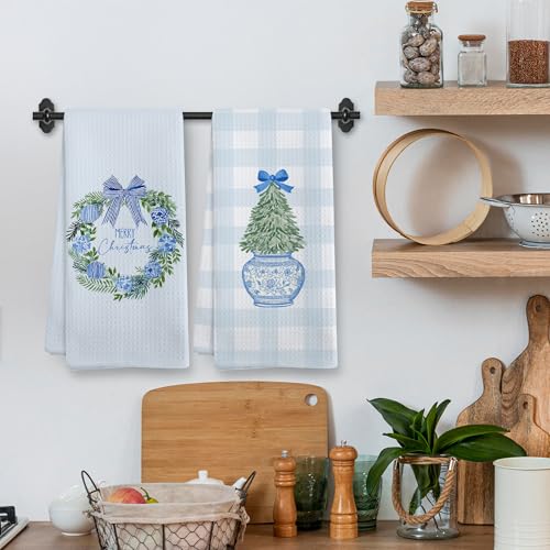 XNXLDYLH Chinoiserie Christmas Wreath Kitchen Towel Set - 2 Blue & White Holiday Dishcloths, 16x24 inches
