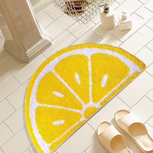 Lemon Semi-Circle Bath Mat - Absorbent Anti-Slip Bathroom Rug, Yellow