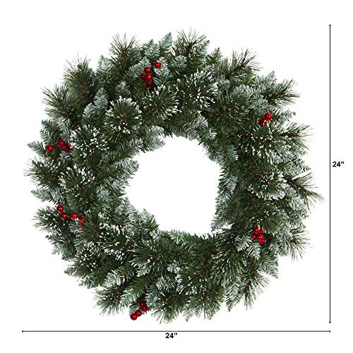 Nearly Natural 24in Pre-Lit Frosted Swiss Pine Christmas Wreath