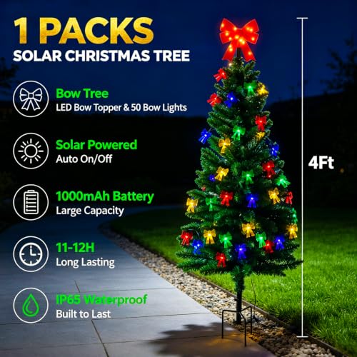 4ft Solar Christmas Tree with Bow Lights – Outdoor Garden Yard Decor (1 Pack, 50 Bow LEDs, IP65)