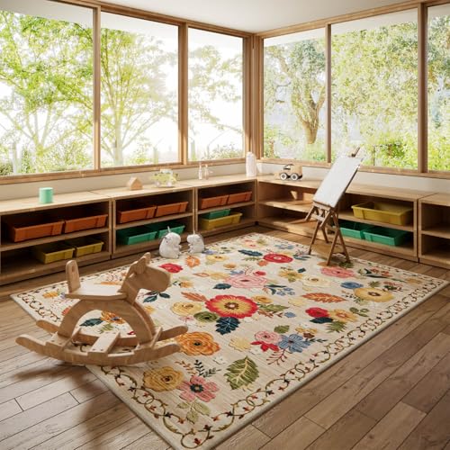 5x7 Washable Area Rug, Vintage Floral Non-Slip Faux Wool Rug for Living Room
