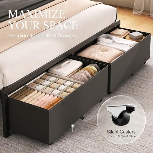 Queen Upholstered Platform Bed Frame with Storage Drawers & LED Headboard