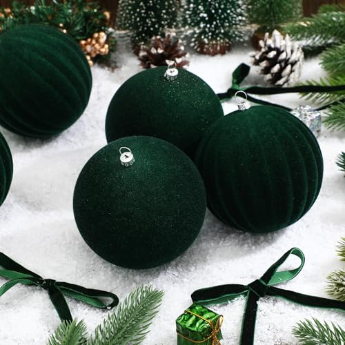 Green Velvet Christmas Balls & Bows Set - 12 4-Inch Ornaments + 24 Pre-Tied Bows