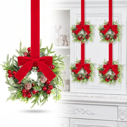 Dingion 4-Pack Mini Christmas Kitchen Cabinet Wreaths with Pine Berries Snowy Decor