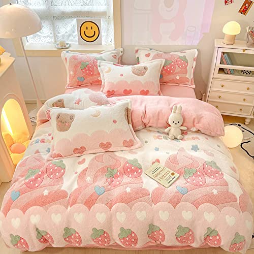 Queen Size Strawberry Duvet Cover Set, 3-Piece Fluffy Faux Fur Bedding