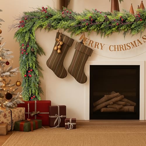 ENVEN 6FT Lush Cedar Christmas Garland with Red Berries & Pine Cones – Indoor/Outdoor Faux Greenery