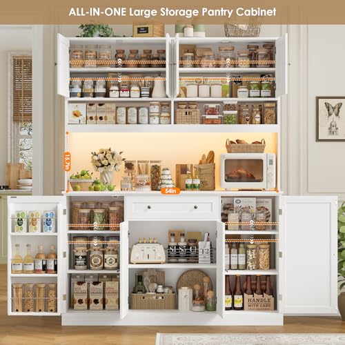 Large Kitchen Pantry Cabinet with LED Lights, Charging Station & Hutch