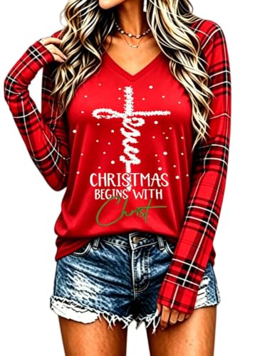 Jusgai Christmas Trees V-Neck T-Shirt for Women Large Red Holiday Top
