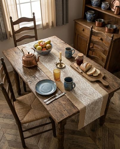 Ephyrosa 79" Burlap Table Runner with Lace – Rustic Farmhouse Decor