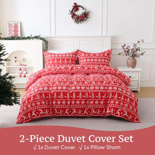 JSD Vintage Red Reindeer Snowflakes Christmas Duvet Cover Set Twin Size