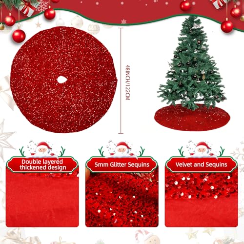 Red Sequin Christmas Tree Skirt 48 Inch - Sparkle Holiday Base Decor