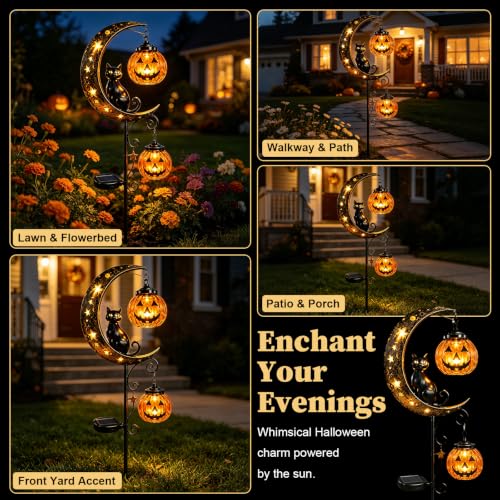 Solar Halloween Black Cat & Pumpkin Moon Stake Light - Metal Yard Decor