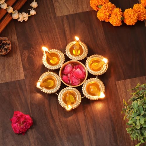 Handcrafted Decorative Urli Bowl with Diya - Small Metal Floating Flower Bowl for Home Decor
