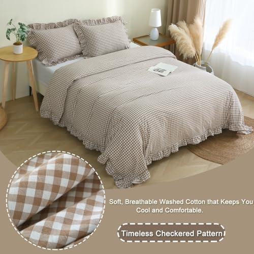 Taupe Plaid Gingham Ruffle Duvet Cover Set - 100% Washed Cotton Queen Size