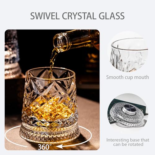 GOWARM Pattern 2 360° Rotating Whiskey Glass Set with Ice Ball Mold, Clear Bourbon & Scotch Glassware for Men, Gift Idea