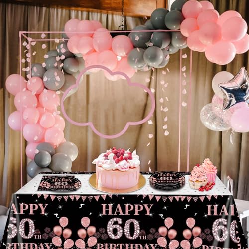 Black Gold 60th Birthday Party Plates and Napkins Set for Women - Vintage Rose Gold Celebration Tableware, 41 Pieces for 20 Guests