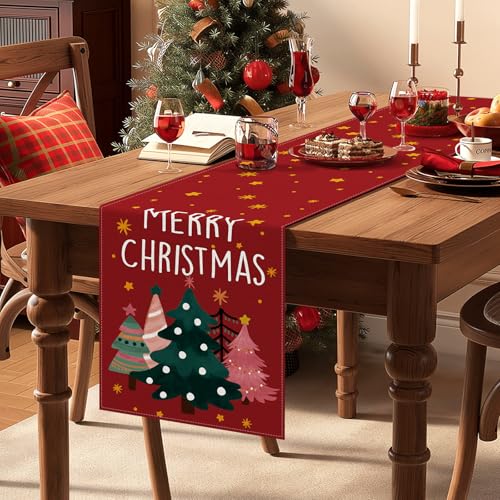 OTOSTAR Christmas Tree Red Table Runner 13x90 Inch Holiday Decor for Home & Parties