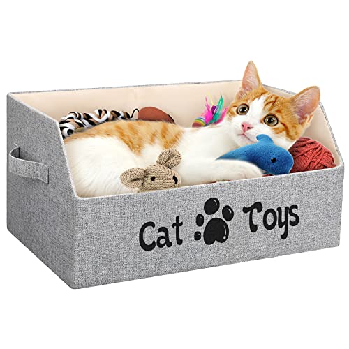 Large Collapsible Cat Toy Bin - Sturdy Linen Pet Toy Storage Basket