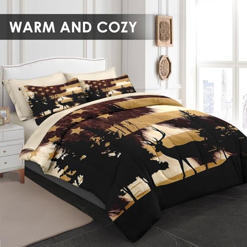 Queen Hunting Deer Comforter Set with Sheets - 7 Pieces American Flag Bedding