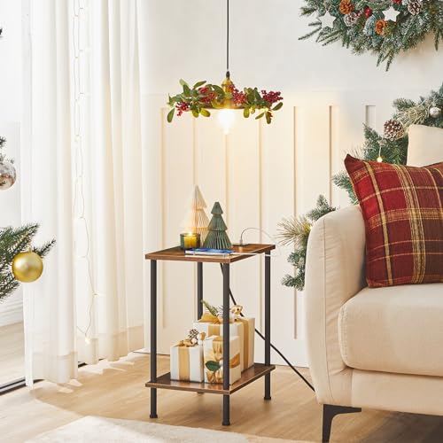 Set of 2 End Tables with Charging Station and USB Ports, Rustic Brown