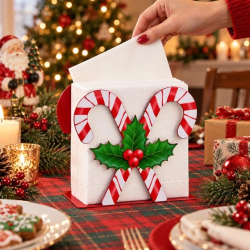 Christmas Candy Cane Napkin Holder - Rustic Red Metal Stand for Holiday Tables & Parties (Candy Canes)