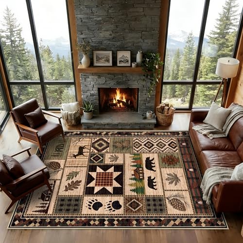 5' x 7' Bear Area Rug Rustic Cabin Deer Machine Washable Home Decor