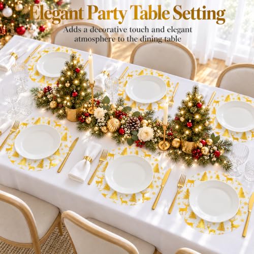 APUDWN 200 Pcs Christmas Mesh Placemat 13" Round Gold Reindeer (Variation: Christmas gold / 200)