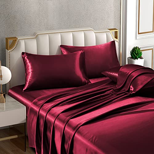 Horbaunal King Satin Sheet Set Burgundy - 6 Piece Luxury Bed Sheets