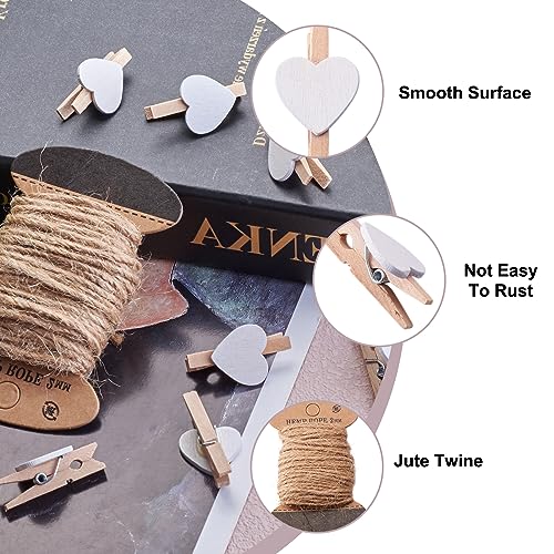 100pcs Heart Wooden Clothespins with Jute Twine for Photo Display and Crafts