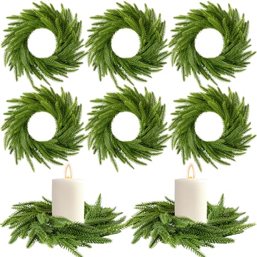 Dingion 12Pcs Norfolk Pine Christmas Candle Ring Wreaths 6in Green