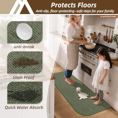 Half Moon Kitchen Rug Set, 2-Piece Non-Slip Washable Sink Mat, Green
